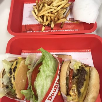 In-N-Out Burger - Double double, protein style double double, animal style double double from left to right - Burgers Near Me - Irving, Texas