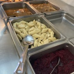 Beets, potato dumplings (yummy but sleep inducing), roast pork, pork, ham and cheese roll up!