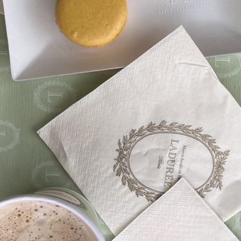 Ladurée - My order of three macaroons and café latte - Macarons Near Me - Paris, 75