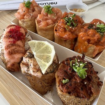 Atoyubu - Fresh salmon, spicy tuna, myungran roe, lemon pepper salmon, and spicy pork bulgogi - Japanese Near Me - Buena Park, California Atoyubu - Fresh salmon, spicy tuna, myungran roe, lemon pepper salmon, and spicy pork bulgogi - Japanese Near Me - Buena Park, California