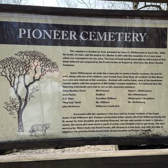 Pioneer Cemetery Historical Site - Close up view of sign listing those interred and how the cemetery came to be. - Landmarks & Historical Buildings Near Me - Mena, Arkansas Pioneer Cemetery Historical Site - Close up view of sign listing those interred and how the cemetery came to be. - Landmarks & Historical Buildings Near Me - Mena, Arkansas