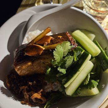 Myers & Chang - Pan-Roasted Soy-Glazed Salmon Loch Duart filet, pickled cucumber, crispy onions, white rice - Asian Fusion Near Me - Boston, Massachusetts