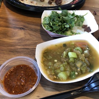 El Taco Tote - Left, salsa roja, very hot. Salsa cambray in the boat, my favorite. - Mexican Near Me - Albuquerque, New Mexico