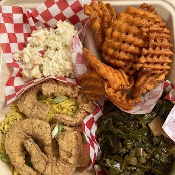Pure Soul - THE *SHRIMP* PLATE: collards and sweet potato fries - Fast Food Near Me - Durham, North Carolina Pure Soul - THE *SHRIMP* PLATE: collards and sweet potato fries - Fast Food Near Me - Durham, North Carolina