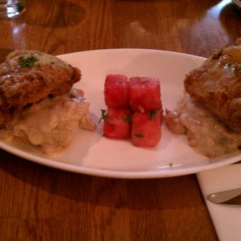 Traif - Chicken & Biscuits with pork gravy and watermelon salad - New American Near Me - Brooklyn, New York Traif - Chicken & Biscuits with pork gravy and watermelon salad - New American Near Me - Brooklyn, New York