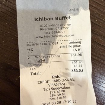 Ichiban Buffet - Photo of the receipt and price paid for two - Sushi Bars Near Me - Riverside, California Ichiban Buffet - Photo of the receipt and price paid for two - Sushi Bars Near Me - Riverside, California