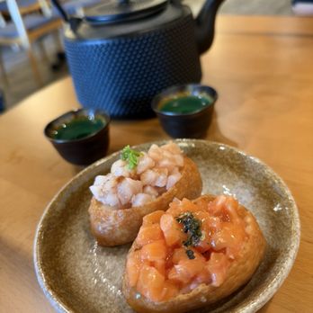 Oi Shiba - Salmon inari and yellowtail inari. Hot genmaicha tea. - Ramen Near Me - San Diego, California Oi Shiba - Salmon inari and yellowtail inari. Hot genmaicha tea. - Ramen Near Me - San Diego, California