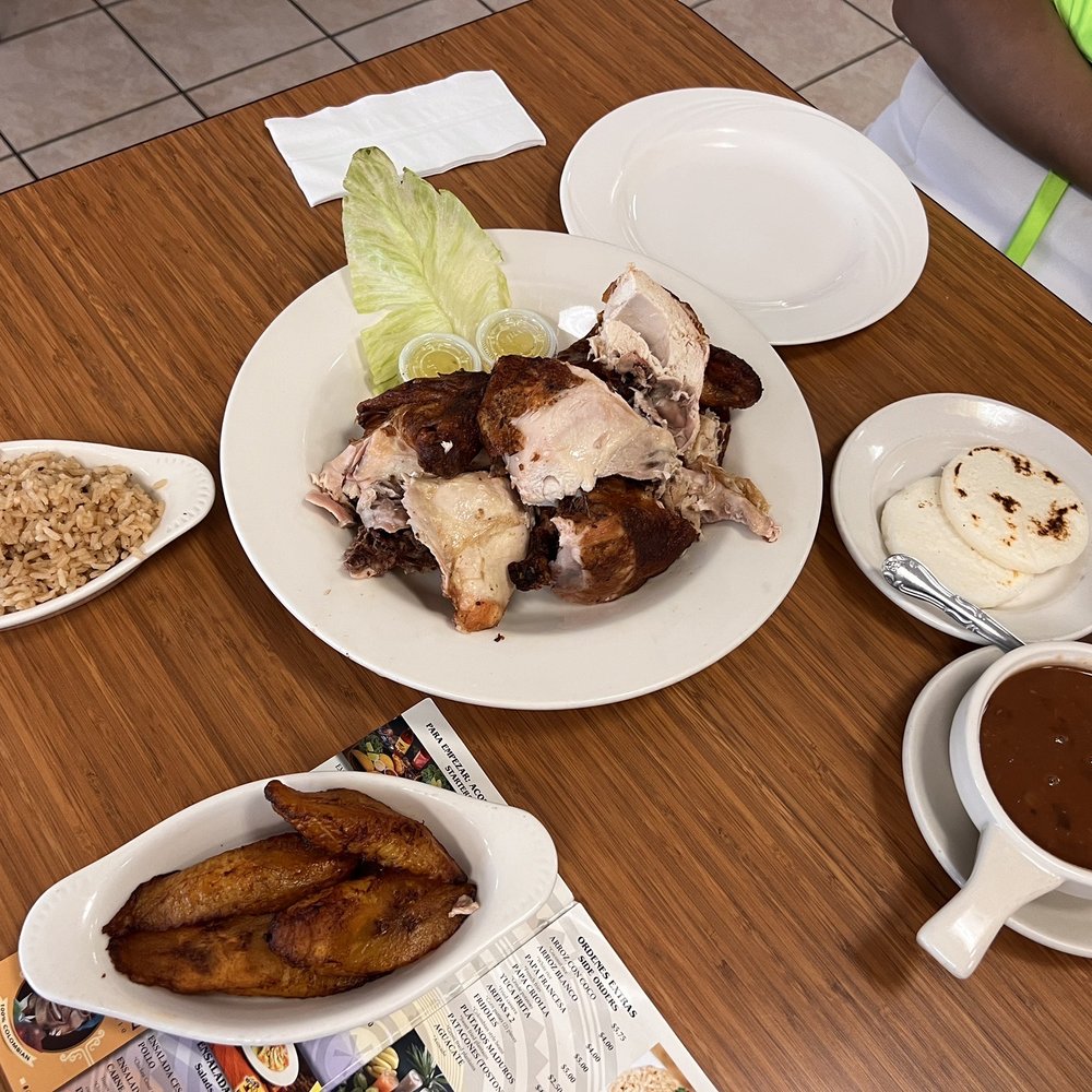 Rotisserie Chicken , sweet plantain, frijoles (beans) and arepa ! Rotisserie Chicken , sweet plantain, frijoles (beans) and arepa !