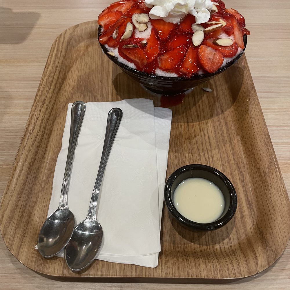 Jejubing Dessert Cafe - Strawberry bingsu with a side of condensed milk - Desserts Near Me - Honolulu, Hawaii