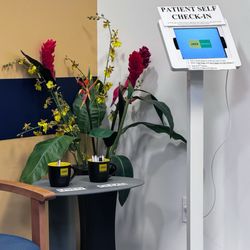 JACO Rehab - Patient self check in stand upon arrival.  Enter last name, first name and last 4 digits of cell#.  Therapist name and app't time displays.