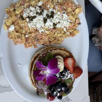 Bistro Cafe - Salmon scramble with classic Nutella pancakes - Breakfast & Brunch Near Me - Miami, Florida Bistro Cafe - Salmon scramble with classic Nutella pancakes - Breakfast & Brunch Near Me - Miami, Florida