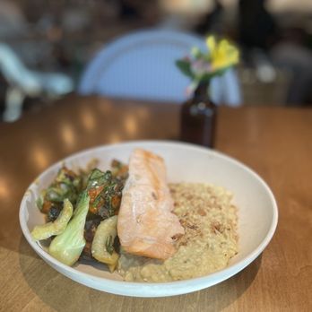 Flower Child - Salmon with Cauliflower "Risotto"and Red Chile Glazed Sweet Potato - Salad Near Me - Charlotte, North Carolina
