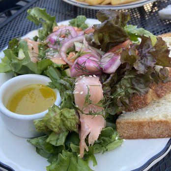 The Riv Cafe - Smoked salmon salad with dill. Delicious! Amazing crispy fries in the background. - Breakfast & Brunch Near Me - The Dalles, Oregon The Riv Cafe - Smoked salmon salad with dill. Delicious! Amazing crispy fries in the background. - Breakfast & Brunch Near Me - The Dalles, Oregon