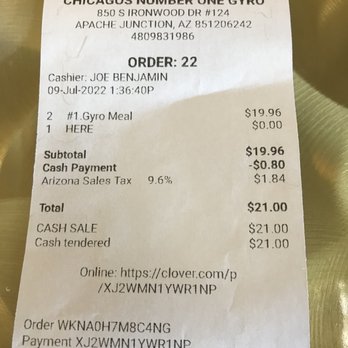 Chicago's Number One Gyro - The total cost showing discount for cash - Greek Near Me - Apache Junction, Arizona