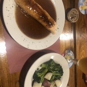 The Cabin Bar And Grill - Bake salmon in a bourbon glaze sauce with broccoli and potatoes - Seafood Near Me - Scranton, Pennsylvania The Cabin Bar And Grill - Bake salmon in a bourbon glaze sauce with broccoli and potatoes - Seafood Near Me - Scranton, Pennsylvania