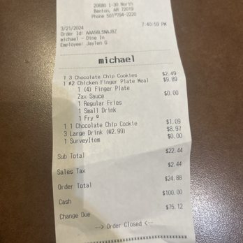 Zaxbys - Receipt - Fast Food Near Me - Benton, Arkansas Zaxbys - Receipt - Fast Food Near Me - Benton, Arkansas