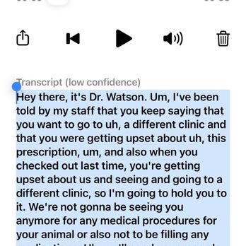 Blacksburg Animal Clinic - This is a transcript of how hateful DR Watson was with me. I'm on disability and refused to give my service dog her meds. - Veterinarians Near Me - Blacksburg, Virginia Blacksburg Animal Clinic - This is a transcript of how hateful DR Watson was with me. I'm on disability and refused to give my service dog her meds. - Veterinarians Near Me - Blacksburg, Virginia