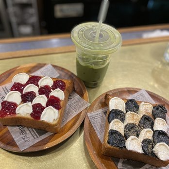 Davelle - pictured: Black sesame and cream cheese toast, Berry and Cream Cheese Toast, and the matcha Iced Match au Lait w/ Coffee Jelly!! - Japanese Near Me - New York, New York Davelle - pictured: Black sesame and cream cheese toast, Berry and Cream Cheese Toast, and the matcha Iced Match au Lait w/ Coffee Jelly!! - Japanese Near Me - New York, New York