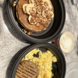 Corner Bakery Cafe - Banana foster (limited time only)  Scrambled eggs light with American cheese and chicken sausage patty
