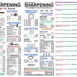 Fulshear Ace Hardware - Greater Houston Sharpening's price list for our WEEKLY pick-up & delivery service AND Current Locations also.