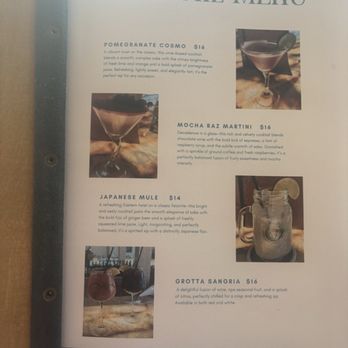 Vino Grotta - Cocktail menu. That Mocha Raz Martini included sake and you can definitely taste the sake! - Wine Bars Near Me - San Antonio, Texas Vino Grotta - Cocktail menu. That Mocha Raz Martini included sake and you can definitely taste the sake! - Wine Bars Near Me - San Antonio, Texas