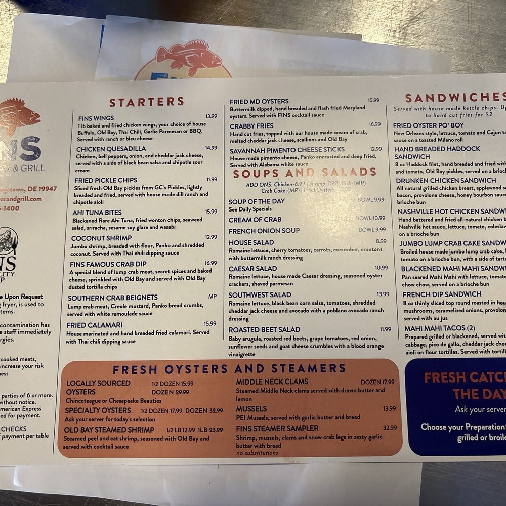 FINS Oyster Bar & Grill - Menu - Seafood Near Me - Georgetown, Delaware FINS Oyster Bar & Grill - Menu - Seafood Near Me - Georgetown, Delaware