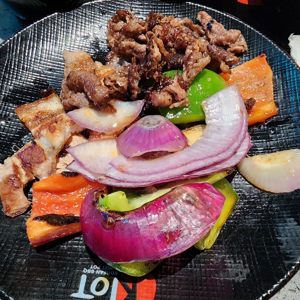 KPOT Korean BBQ & Hot Pot - Beef brisket, pork belly, peppers, onions - Korean Near Me - Laurel, Maryland
