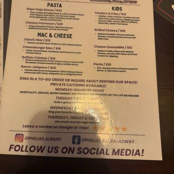 Ophelia's - Dinner menu - Music Venues Near Me - Albany, New York