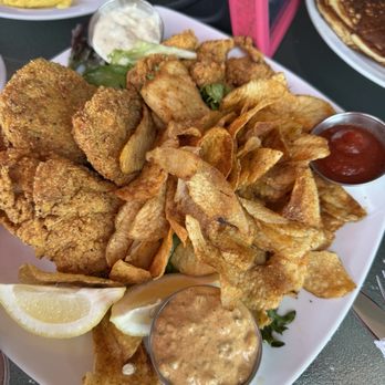 Rabalais' Bistro - Southern Sampler: fried shrimps, green tomatoes, catfish, and chips. - Bakeries Near Me - Santa Paula, California Rabalais' Bistro - Southern Sampler: fried shrimps, green tomatoes, catfish, and chips. - Bakeries Near Me - Santa Paula, California