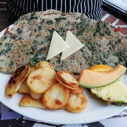 Tutti Frutti - Gluten free buckwheat spinach and cheese crepe with GF potatoes and fruit!