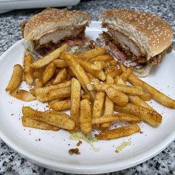 Chicken G's - Big G with fries on a 12" plate. It's a big sandwich! - Halal Near Me - Mountain View, California Chicken G's - Big G with fries on a 12" plate. It's a big sandwich! - Halal Near Me - Mountain View, California
