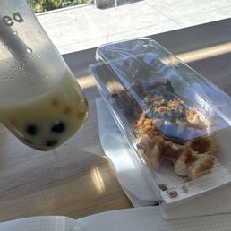 Pork floss croffle and peach oolong milk tea Pork floss croffle and peach oolong milk tea