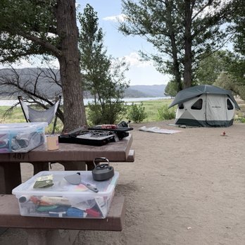 Lake Hemet - Picnic table with camp stove and tent - Campgrounds Near Me - Mountain Center, California