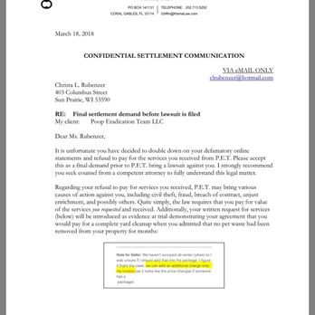 Poop Eradication Team, LLC - Proof of this business threatening to sue me over my truthful negative review - Pet Services Near Me