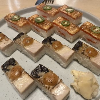 Miku - Aburi oshi - salmon (top) and saba (bottom) - Japanese Near Me - Vancouver, British Columbia Miku - Aburi oshi - salmon (top) and saba (bottom) - Japanese Near Me - Vancouver, British Columbia
