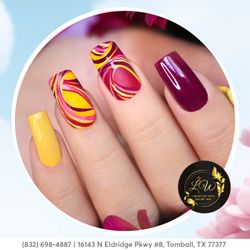 Lakewood Nails - Vibrant yellow and berry pink swirls for a fun, energetic vibe. Refresh your style with this colorful masterpiece! Visit us!