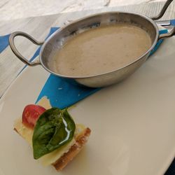 Dalt Vila - Cream of Cépes (mushroom). Croutons with cheese & basil. Flavorful & warm. Rating: Good.