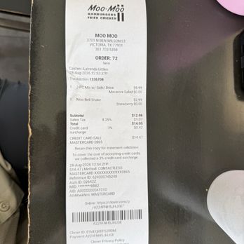 Moo Moo Fried Chicken - Receipt - Fast Food Near Me - Victoria, Texas Moo Moo Fried Chicken - Receipt - Fast Food Near Me - Victoria, Texas