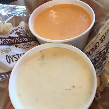 Lobster West - Clam chowder (bottom) Lobster bisque (top) - Seafood Near Me - Coronado, California Lobster West - Clam chowder (bottom) Lobster bisque (top) - Seafood Near Me - Coronado, California