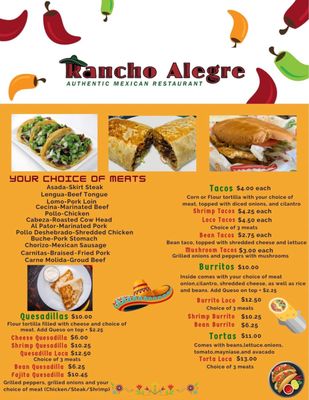 Menu photo 2 Rancho Alegre - Restaurante y tienda Corydon, IN Menu photo 2 Rancho Alegre - Restaurante y tienda Corydon, IN