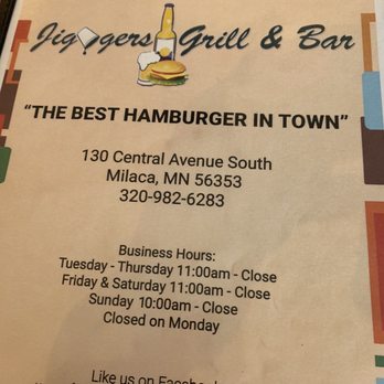 Jiggers Grill - Front of the menu - Bars Near Me - Milaca, Minnesota Jiggers Grill - Front of the menu - Bars Near Me - Milaca, Minnesota