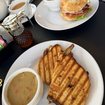 Tea ParTea - Brisket panini, chicken noodle soup; ham and Gouda on croissant with chicken noodle soup - Tea Rooms Near Me - Saint Louis, Missouri