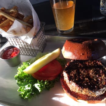 Union Public House - The Union Burger, with fries (background: Oberon Ale) - American Near Me - Tucson, Arizona