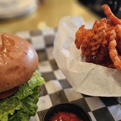 Ukiah Brewing Company - Bison burger with sweet potatoe fries