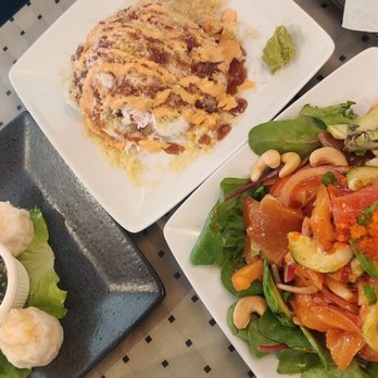 Shogun - Sashimi salad, steam shumai and volcano roll - Sushi Bars Near Me - Stockton, California