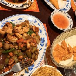 Panda House Chinese Restaurant - Crispy wonton appetizer, Crab rangoons, Shrimp and cashews with pork fried rice.