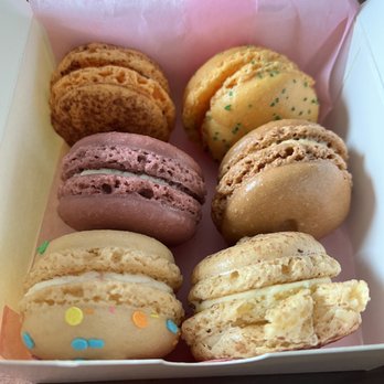 Le Macaron French Pastries - Top left - bottom right : Orange Grand Marnier with Chocolate, Mango, Lavendar White Chocolate, Salted Caramel, Birthday cake , Tiramisu - Macarons Near Me - Doylestown, Pennsylvania
