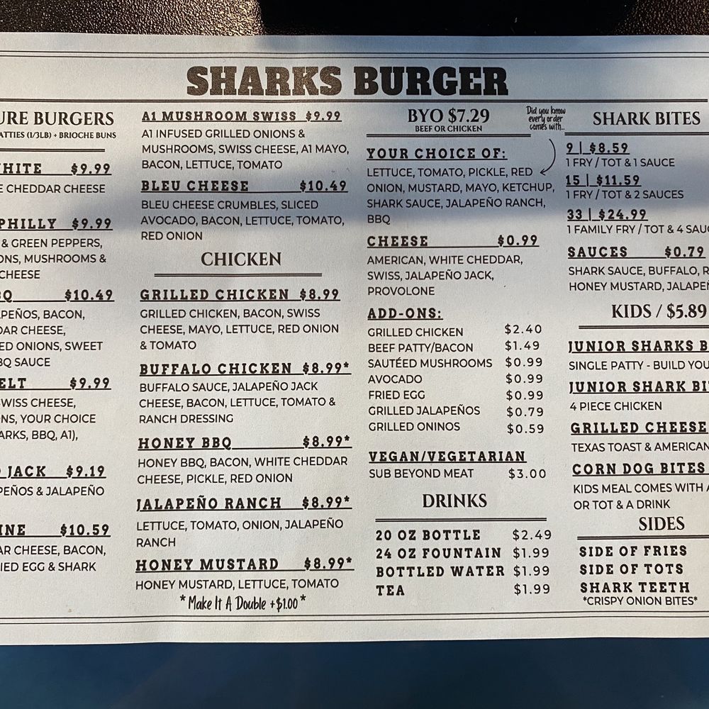Sharks Burger - Menu 9/17/2023 - Burgers Near Me - Leander, Texas Sharks Burger - Menu 9/17/2023 - Burgers Near Me - Leander, Texas