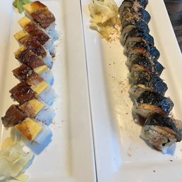 Left: black cobra Right: Eel special roll Left: black cobra Right: Eel special roll