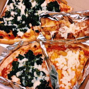 Pugsley's Pizza - 3 spinach slices, a buffalo chicken slice and chicken roll - Pizza Near Me - Bronx, New York